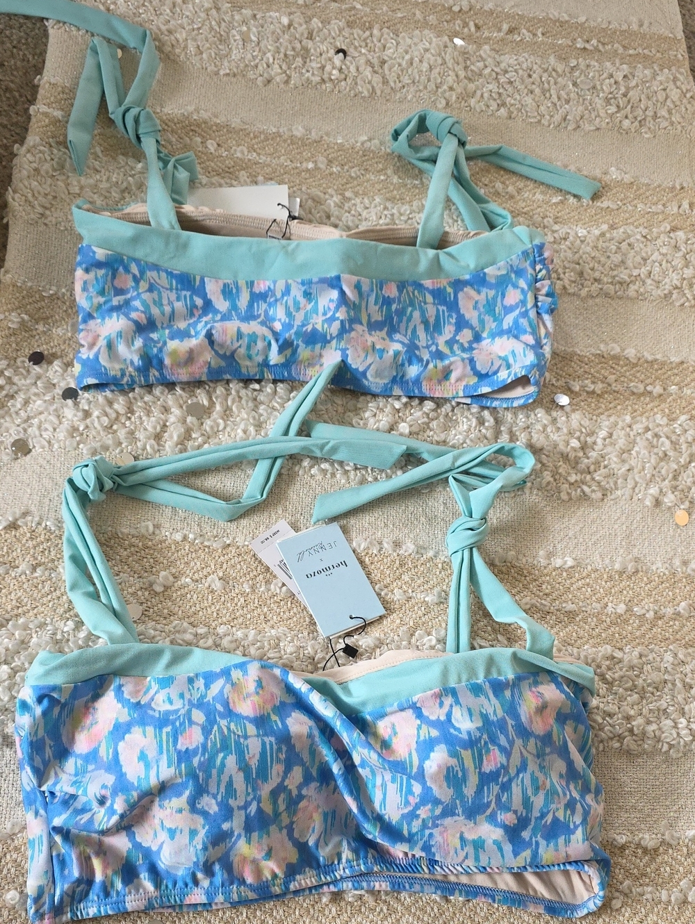 Hermoza Pastel Coral Cove Bouquet Blue Floral Bandeau Tie Bikini Top Becca 14